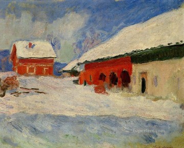  House Oil Painting - Red Houses at Bjornegaard in the Snow Norway Claude Monet